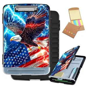Durable plastic clipboard with eagle and flag design, featuring storage compartment and pen holder, affordable for volunteer organizations