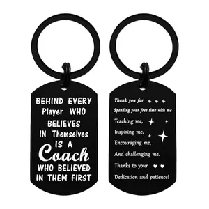 Stainless steel engraved thank you coach keychain on white background