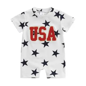 Navy blue baby romper with star print embroidery for 4th of July