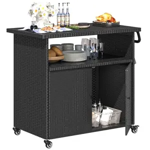 U-MAX outdoor kitchen island with storage cabinets, rattan finish, and wheels