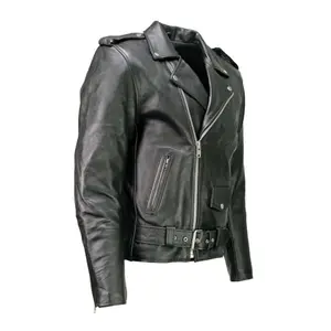 Black classic leather jacket with snap-down collar and belted waist