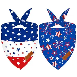 Two reversible Kreyfer dog bandanas with American flag print in red, white, and blue