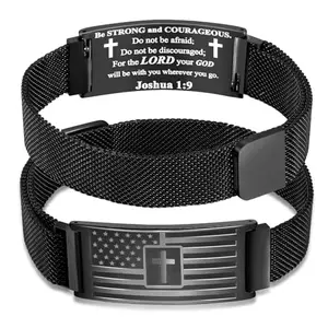 Stainless steel cross American flag bracelet with Joshua 1:9 verse