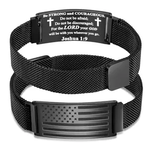 Stainless steel American flag bracelet with Bible verse engraving