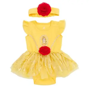 Disney Princess Belle baby cosplay bodysuit with yellow skirt overlay and matching headband on pink background