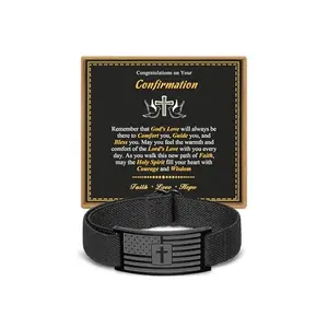 HEYOLL black nylon bracelet with American flag cross charm and inspirational card