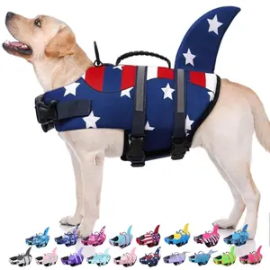 Dog in Bess Bridal shark life jacket with USA flag