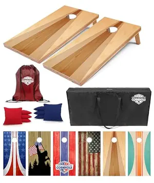 World Series of Cornhole boards with geometric triangle design, regulation size, set up in a backyard