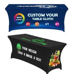 Unite Stone stretch spandex table cover with custom logo fitted on a 6ft table at a trade show