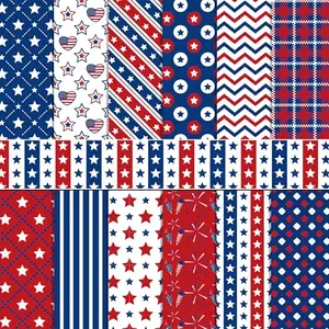Jajajuegos 12x12 scrapbook paper with fireworks, stars, and stripes in festive patterns.