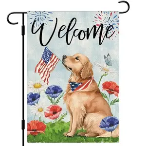 DLZDN double-sided vertical burlap golden retriever garden flag for 4th of July