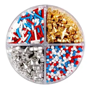 Dazzjoy patriotic sprinkles in a small jar with red, white and blue confetti