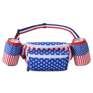 American flag fanny pack with two removable drink carriers and buckle strap