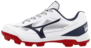 Mizuno Youth Boys Cushionrevo Diamond Jr. TPU baseball cleat in white and navy