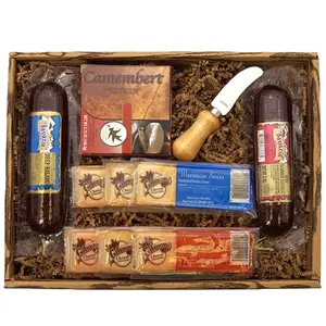 Gift Basket Village Gourmet Sausage and Cheese Gift Box for retirement, with artisan cheeses, salami, summer sausage and cheese spreader