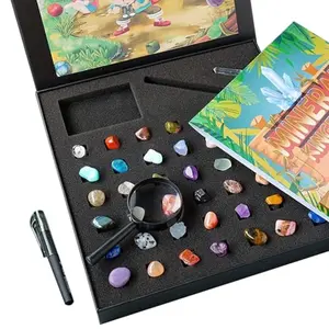 Vbvbip 43-piece rock kit with geodes, volcanic samples, and identification tools
