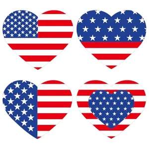 Heart-shaped American flag stickers on a white background