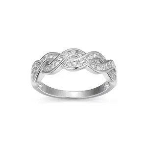 Rhodium plated sterling silver braided infinity design ring with pave white sapphires