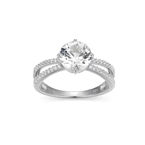 Solitiare engagement ring with 8mm lab created white sapphire in rhodium plated sterling silver
