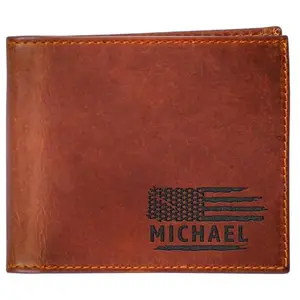 Customizable leather bifold wallet with USA flag design