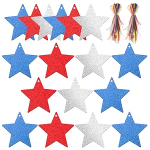 Glitter star gift tags in red, blue, and silver with ribbons