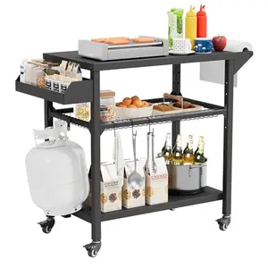 SUNCROWN outdoor grill cart with double shelves, seasoning box, and hooks