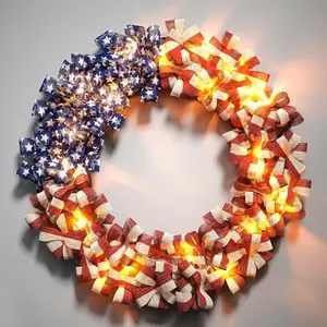 NZTZE 18-inch lighted burlap patriotic wreath with timer and light strip on a front door