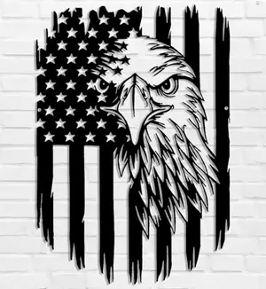Black silhouette American eagle metal wall art with flag background