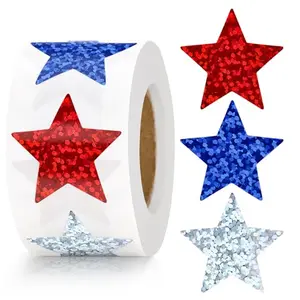 Roll of red, blue, and silver holographic star stickers with a dispenser