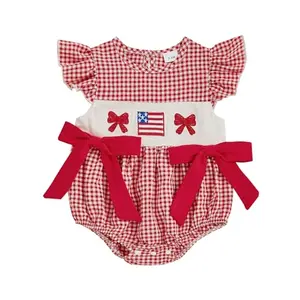 Rourufy baby girl 4th of July romper with bow decoration and plaid print