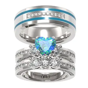 TWO RINGS blue opal heart stainless steel wedding ring set