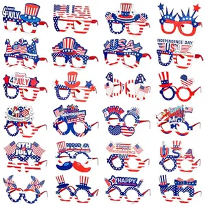 Variety of patriotic sunglasses with American flags, stars, and Uncle Sam hats