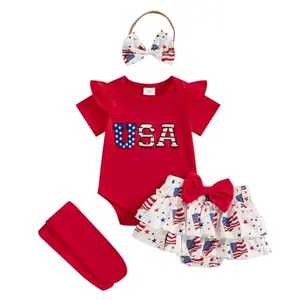 BeQeuewll 4th of July baby girl outfit with long sleeve romper and tutu skirt