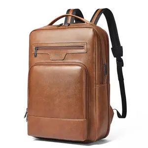 Shrrie leather laptop backpack in brown, expandable with USB ports, stylish design