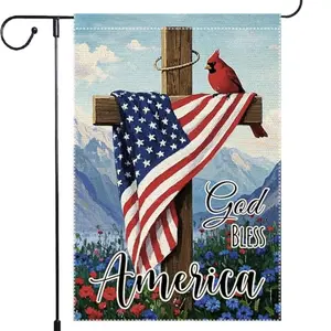 RMXJKIIU God Bless American Memorial Day garden flag cardinal religious cross burlap