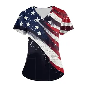 Generic plus size patriotic scrub top with stars and stripes, v-neck short sleeve