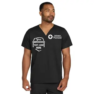 Custom embroidered men's black v-neck scrub top with embroidered name on chest