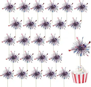 Close-up of KIGEAPUEL small foil firework cupcake toppers in red white and blue on a wooden surface