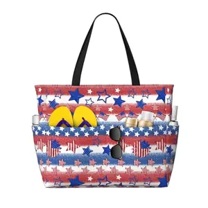 Waterproof American flag print tote bag with multiple exterior pockets