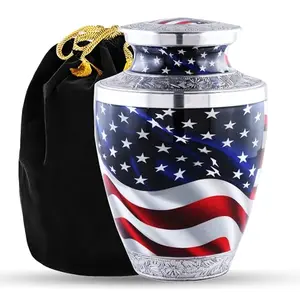 Aluminum urn with American flag wrap, screw-top lid