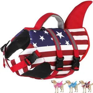 Dog wearing Dogcheer harness-style USA flag life jacket