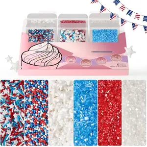 Huebeaty 6-in-1 red, white, and blue sprinkle set with resealable bags of nonpareils, jimmies, stars, and sanding sugars
