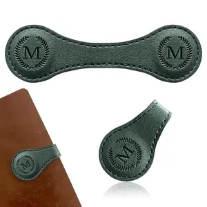 Handmade personalized leather magnetic bookmark with embossed initial and green color