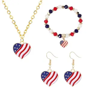 Patriotic American flag heart jewelry set with earrings, bracelet, and necklace