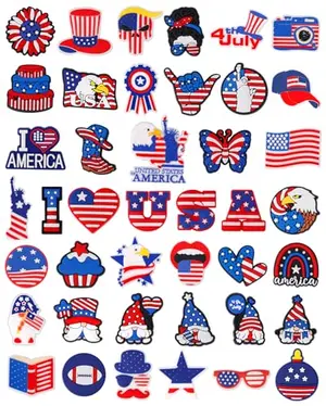 Assorted red, white, and blue patriotic shoe charms for Crocs decoration with American flag and star designs