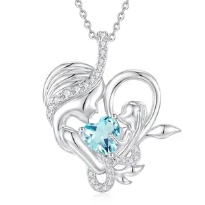 Aquamarine birthstone mother and child tree of life necklace