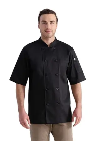 Black double-breasted chef coat with stand-up collar