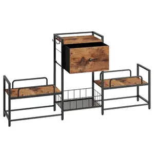 HOOBRO raised dog bowl stand with storage drawer, shelves, hooks, and two feeding platforms in rustic brown