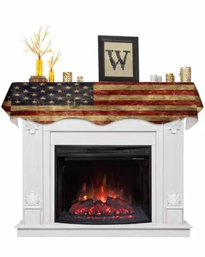 Patriotic flag-patterned mantel scarf draped over a fireplace mantle with elegant wavy edges