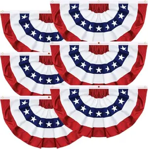 Six small American pleated fan flags adorning a porch railing and doorway